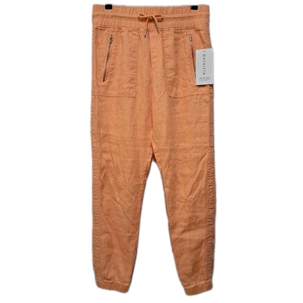 NWT Athleta Cabo Jogger Pants Womens 4 Orange 100% Linen Pull On Joggers Beachy